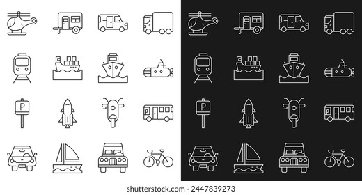 Set line Bicycle, Bus, Submarine, Minibus, Cargo ship with boxes, Train and railway, Helicopter and  icon. Vector