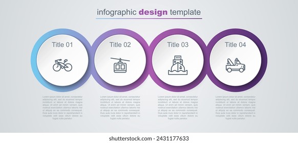 Set line Bicicleta, Teleférico, Carguero y Remolque. Plantilla de infografía de negocios. Vector