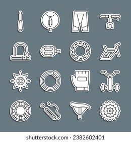 Set line Bicycle cassette, for kids, frame, Cycling shorts, pedal, lock, Screwdriver and wheel tire icon. Vector