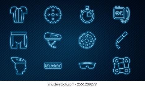 Cadena de bicicleta, bomba de aire, cronómetro, casco, pantalones cortos de ciclismo, camiseta, disco de freno e icono de la manivela de piñón. Vector