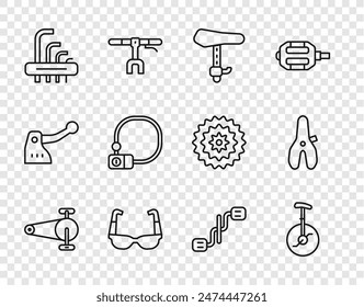 Set line Bicycle chain with gear, Unicycle or one wheel bicycle, seat, Sport cycling sunglasses, Tool allen keys, lock, pedals and  icon. Vector