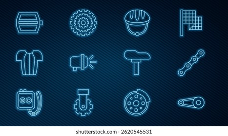 Set line Bicycle chain with gear, helmet, head lamp, Cycling t-shirt, pedal, seat and cassette icon. Vector