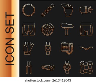 Set line Bicycle chain, handlebar, Cycling shorts, helmet, brake disc, wheel and seat icon. Vector