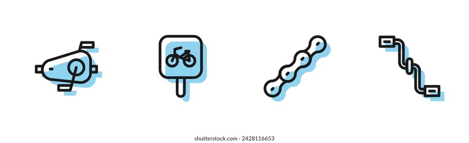 Set line Bicycle chain, pedals, parking and  icon. Vector