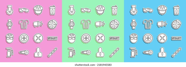 Set line Bicycle chain, Ribbon finishing line, brake disc, helmet, Cycling t-shirt, Smart watch, Derailleur bicycle rear and head lamp icon. Vector