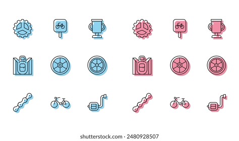 Set line Bicycle chain, sprocket crank, pedal, wheel, Hiking backpack and parking icon. Vector