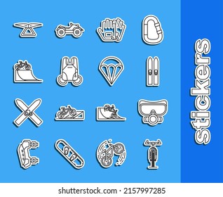 Set line Bicycle, Diving mask, Ski and sticks, Gloves, Parachute, on street ramp, Hang glider and  icon. Vector