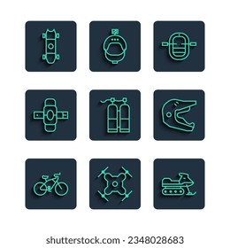Set line Bicycle, Drone flying, Snowmobile, Rafting boat, Aqualung, Knee pads, Longboard or skateboard and Motocross motorcycle helmet icon. Vector