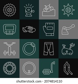 Set line Bicycle fork, Stationary bicycle, brake, Mountain, shoes, speedometer, cassette and Gloves icon. Vector