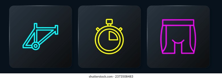 Fijar la línea Marco de bicicleta, Pantalones cortos de ciclismo y Stopwatch. Botón cuadrado negro. Vector