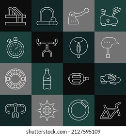 Set line Bicycle frame, shoes, helmet, brake, handlebar, Stopwatch, parking and icon. Vector