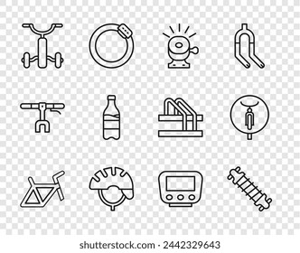 Set line Bicycle frame, suspension, bell, helmet, for kids, Sport bottle with water, speedometer and  icon. Vector