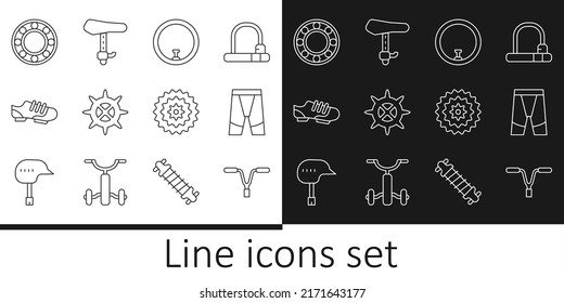 Set line Bicycle handlebar, Cycling shorts, wheel, sprocket crank, shoes, ball bearing, cassette and seat icon. Vector