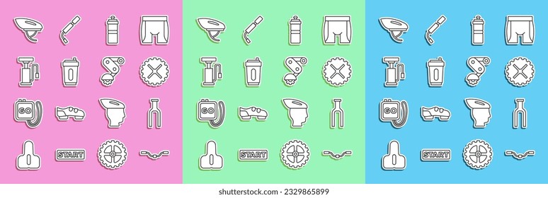 Set line Bicycle handlebar, fork, sprocket crank, Sport bottle with water, air pump, helmet and Derailleur bicycle rear icon. Vector
