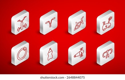 Definir linha Barra de mão de bicicleta, quadro, bicicleta estacionária, corrente com engrenagem, para crianças, garrafa de água Sport e ícone de disco de freio. Vetor