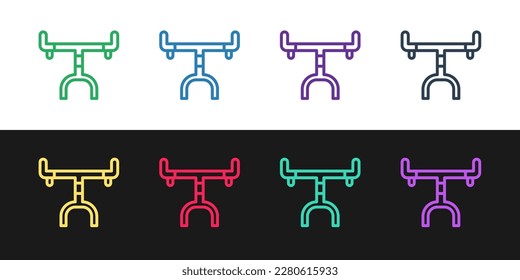 Fijar línea Icono de manillar de bicicleta aislado en fondo blanco y negro.  Vector