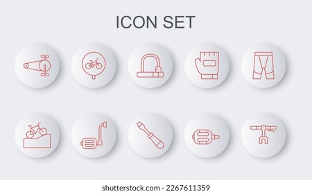 Set line Bicycle handlebar, Mountain bicycle, lock, pedal, chain with gear,  and Screwdriver icon. Vector