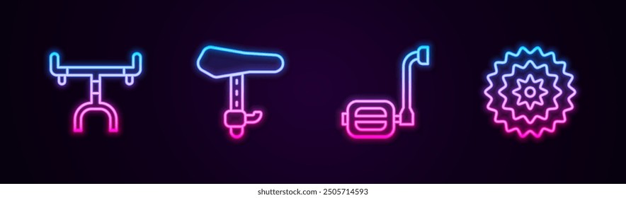 Set line Bicycle handlebar, seat, pedal and cassette. Glowing neon icon. Vector