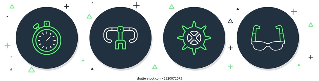 Set line Bicycle handlebar, sprocket crank, Stopwatch and Sport cycling sunglasses icon. Vector