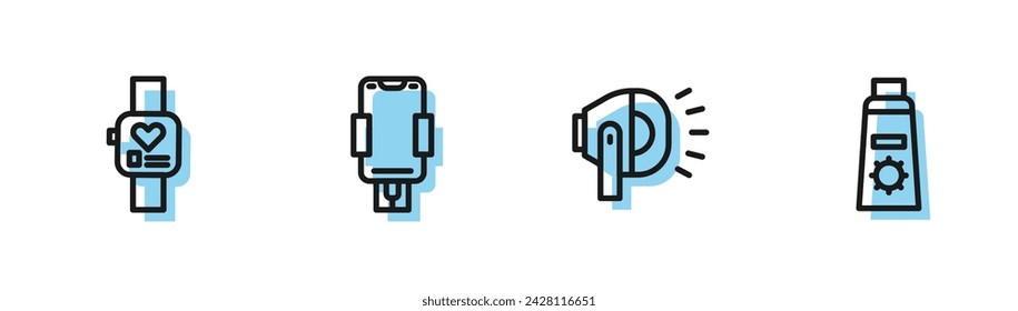 Set line Bicycle head lamp, Smart watch, Mobile holder and Sunscreen cream in tube icon. Vector