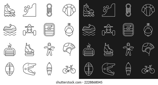 Set line Bicycle, Helmet, and action camera, Climber rope, ATV motorcycle, Jet ski, Roller skate and First aid kit icon. Vector
