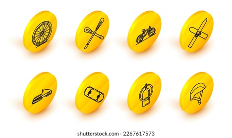 Set line Bicycle helmet, Aqualung, Skateboard trick, Snowmobile, Ski and sticks, Crossed paddle and wheel icon. Vector