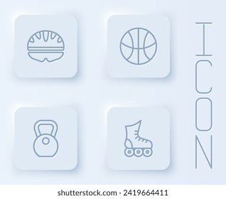 Set line Bicycle helmet, Basketball ball, Weight and Roller skate. White square button. Vector