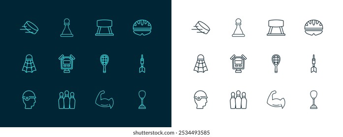 Set line Bicycle helmet, Bowling pin, Tennis racket, Bodybuilder showing his muscles, Stopwatch, Pommel horse, Hockey puck and Chess icon. Vector