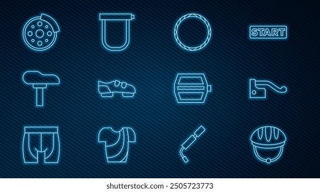 Set line Bicycle helmet, brake, wheel, shoes, seat, disc, pedal and lock icon. Vector