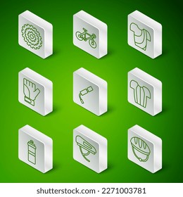 Set line Bicycle helmet, cassette, air pump, Gloves, Sport bottle with water and Cycling t-shirt icon. Vector