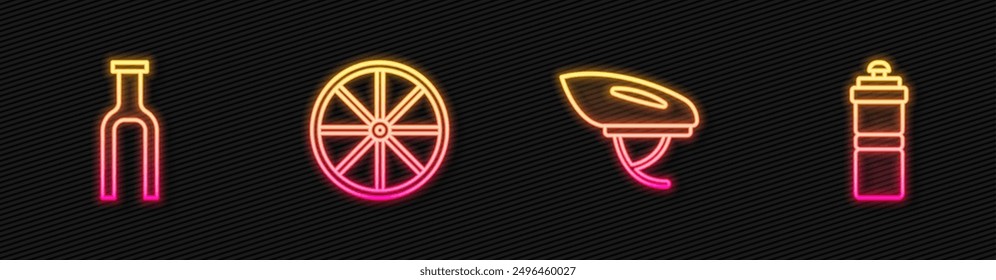 Set line Bicycle helmet, fork, wheel and Sport bottle with water. Glowing neon icon. Vector