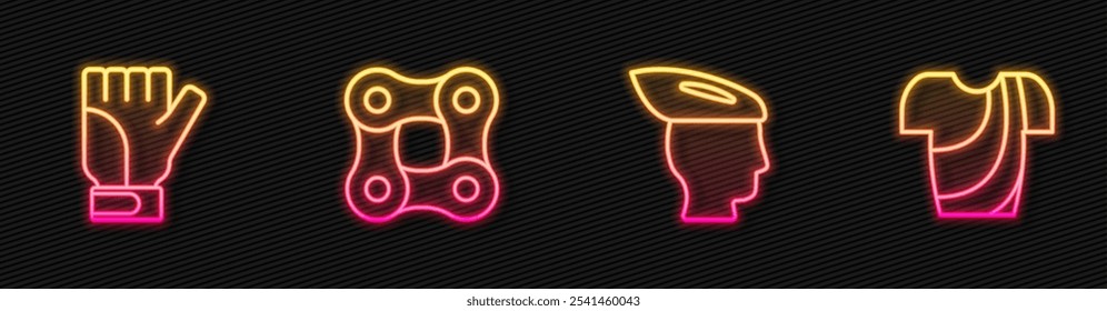 Set line Bicycle helmet, Gloves, chain and Cycling t-shirt. Glowing neon icon. Vector