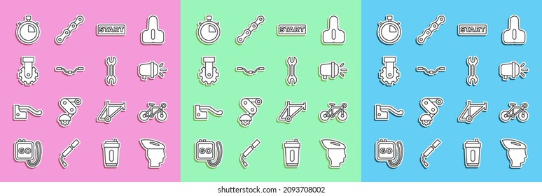 Set line Bicycle helmet, head lamp, Ribbon in finishing line, handlebar, Derailleur bicycle rear, Stopwatch and Wrench spanner icon. Vector