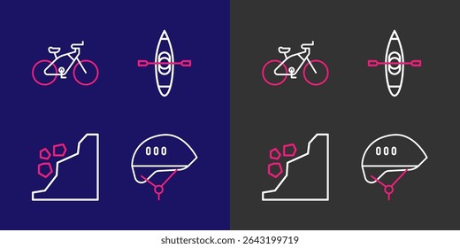 Set line Bicycle helmet, Landslide, Kayak or canoe and  icon. Vector