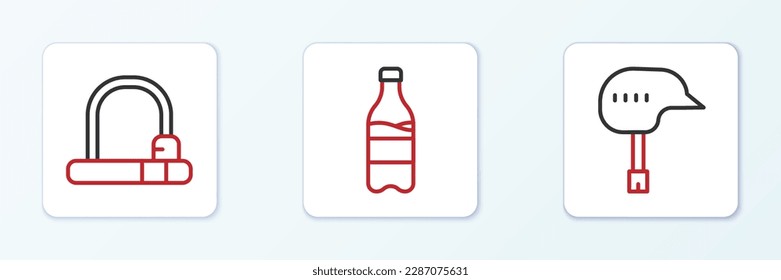 Fijar línea Casco de bicicleta, cerradura y botella Deportiva con icono de agua. Vector