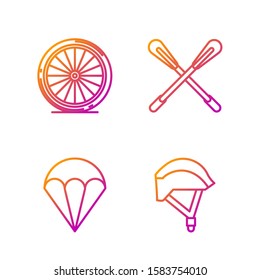 Set line Bicycle helmet, Parachute, Bicycle wheel and Crossed paddle. Gradient color icons. Vector
