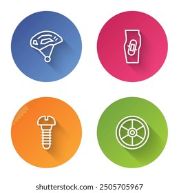 Set line Bicycle helmet, Plaster on leg, Metallic screw and wheel. Color circle button. Vector