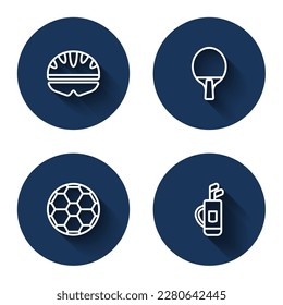 Set line Bicycle helmet, Racket, Soccer football ball and Golf bag with clubs with long shadow. Blue circle button. Vector