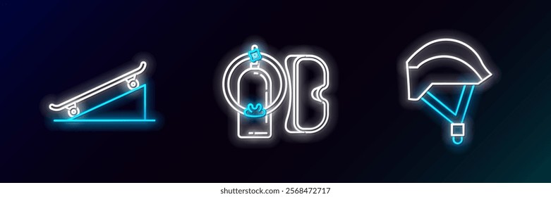 Set line Bicycle helmet, Skateboard on street ramp and Diving mask and aqualung icon. Glowing neon. Vector