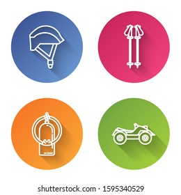 Set line Bicycle helmet, Ski poles, Aqualung and All Terrain Vehicle or ATV motorcycle. Color circle button. Vector