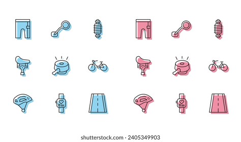 Fijar línea Casco de bicicleta, reloj inteligente, pantalones cortos de ciclismo, carril, campana, asiento e icono del espejo retrovisor. Vector