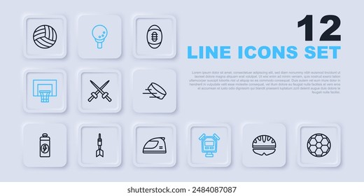 Set line Bicycle helmet, Soccer football ball, Fencing, Stopwatch, Basketball backboard, Dart arrow, Golf on tee and Racing icon. Vector