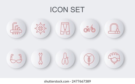 Set line Bicycle helmet, Sport cycling sunglasses, Cycling shorts, Tool allen keys, sprocket crank, Wrench spanner and seat icon. Vector