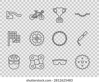 Set line Bicycle helmet, sprocket crank, Award cup with bicycle, chain, brake, Sport cycling sunglasses and air pump icon. Vector