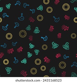 Set line Bicycle helmet, Tool allen keys, wheel tire and bell on seamless pattern. Vector