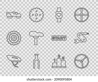 Set line Bicycle helmet, wheel, Smart watch, fork, shoes, seat, Award over sports winner podium and Swiss army knife icon. Vector