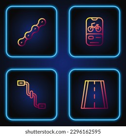 Set line Bicycle lane, pedals, chain and rental mobile app. Gradient color icons. Vector