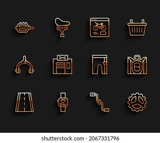 Set line Bicycle lane, Smart watch, pedal, pedals, sprocket crank, repair service, Hiking backpack and Cycling shorts icon. Vector