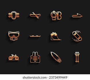 Set line Bicycle, Life jacket, Knee pads, Surfboard, Ski poles, Snowboard, Skateboard trick and on street ramp icon. Vector