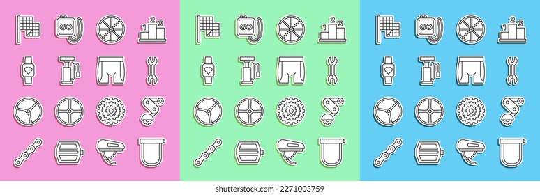 Set line Bicycle lock, Derailleur bicycle rear, Wrench spanner, wheel, air pump, Smart watch, Checkered flag and Cycling shorts icon. Vector